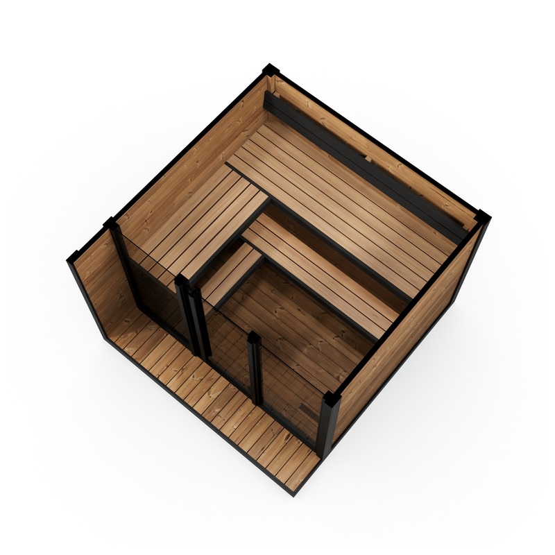 Innenraum der Sauna HIKI XL mit Saunabänken auf zwei Ebenen