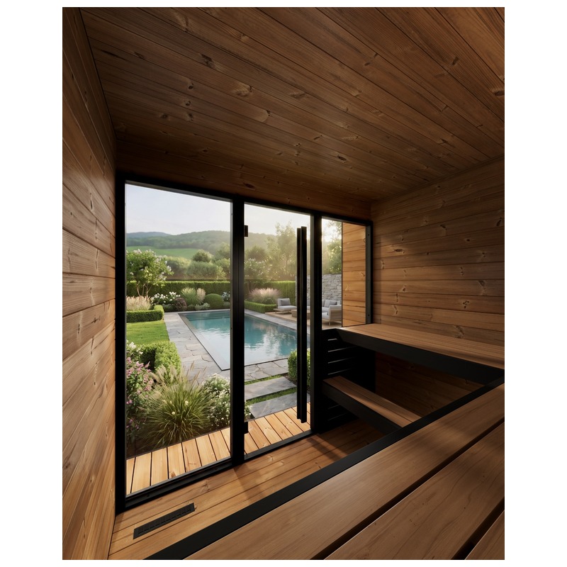 Innenraum der Sauna HIKI XL mit großer Glasfront