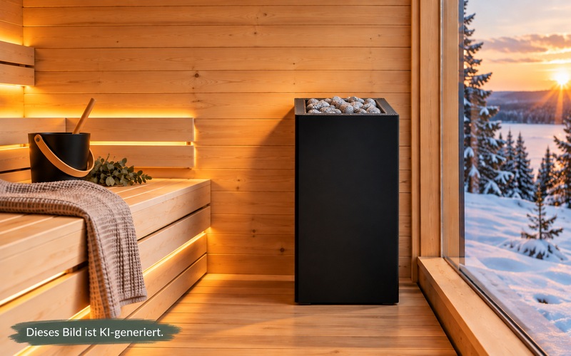 HUUM CORE Black Saunaofen in moderner Holzsauna mit winterlichem Ausblick – KI-generiertes Stimmungsbild.
